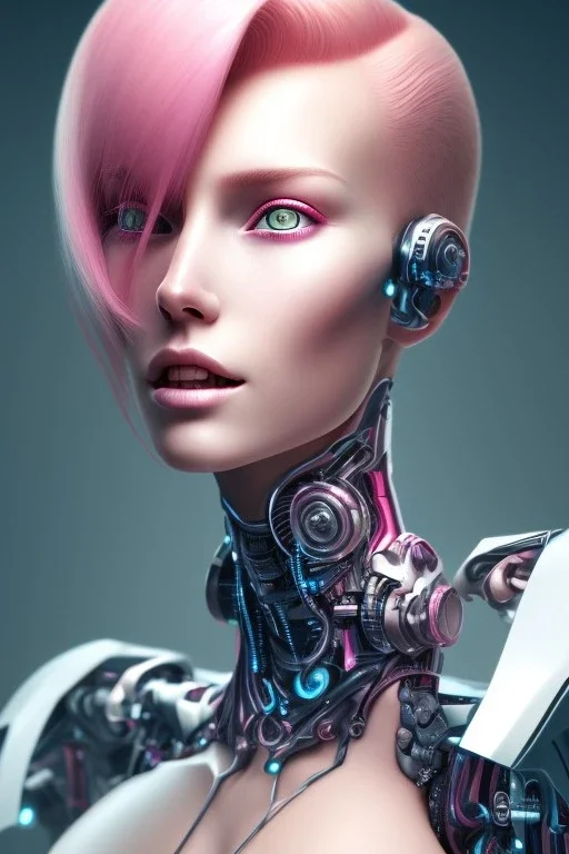 cyborg, pink hair, perfekt eyes, smile, real