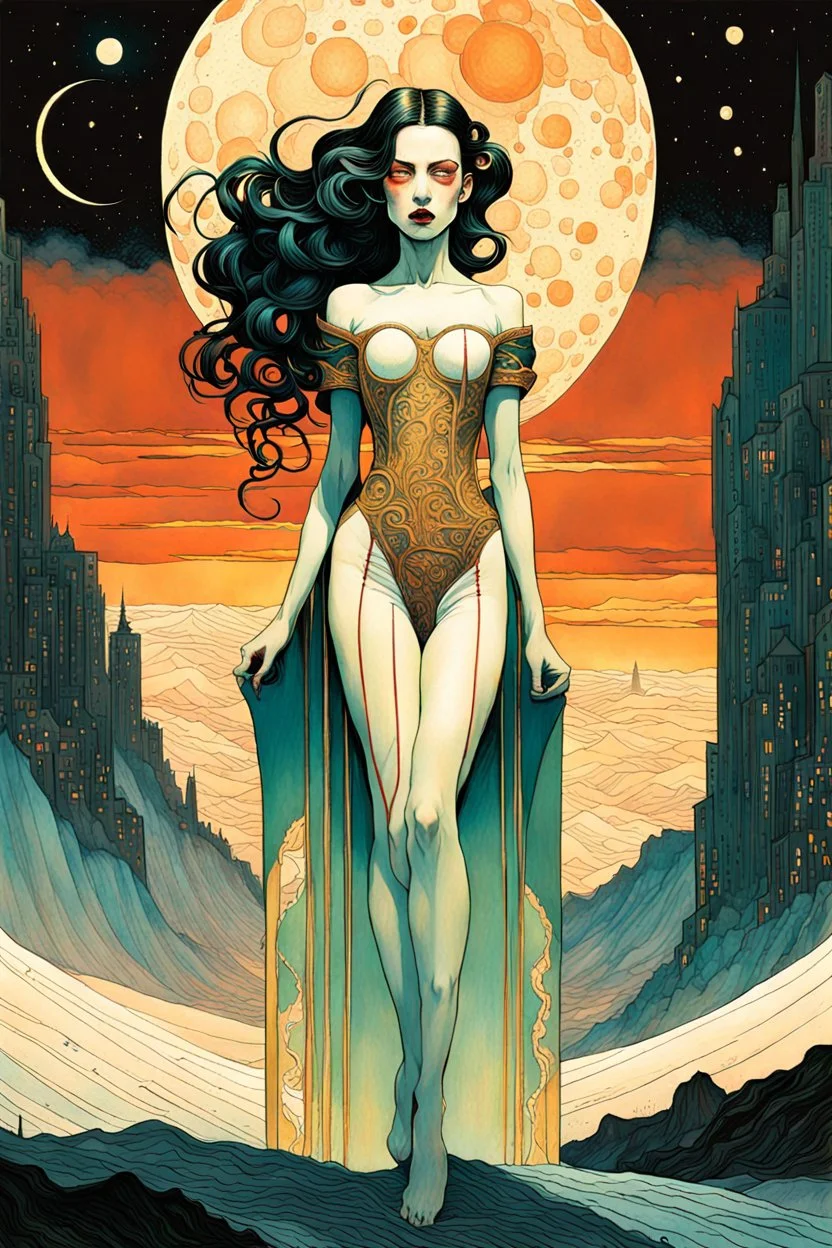 create a highly ethereal, darkly magical surrealist full body illustration of a vampire girl, with highly detailed and deeply cut facial features, in an otherworldly landscape, in the style of SALVADOR DALI, GUSTAV KLIMT, and KATHE KOLLWITZ combined with the comic art style of BILL SIENKIEWICZ and JEAN GIRAUD MOEBIUS, searing lines and forceful strokes, precisely drawn, inked, and darkly colored