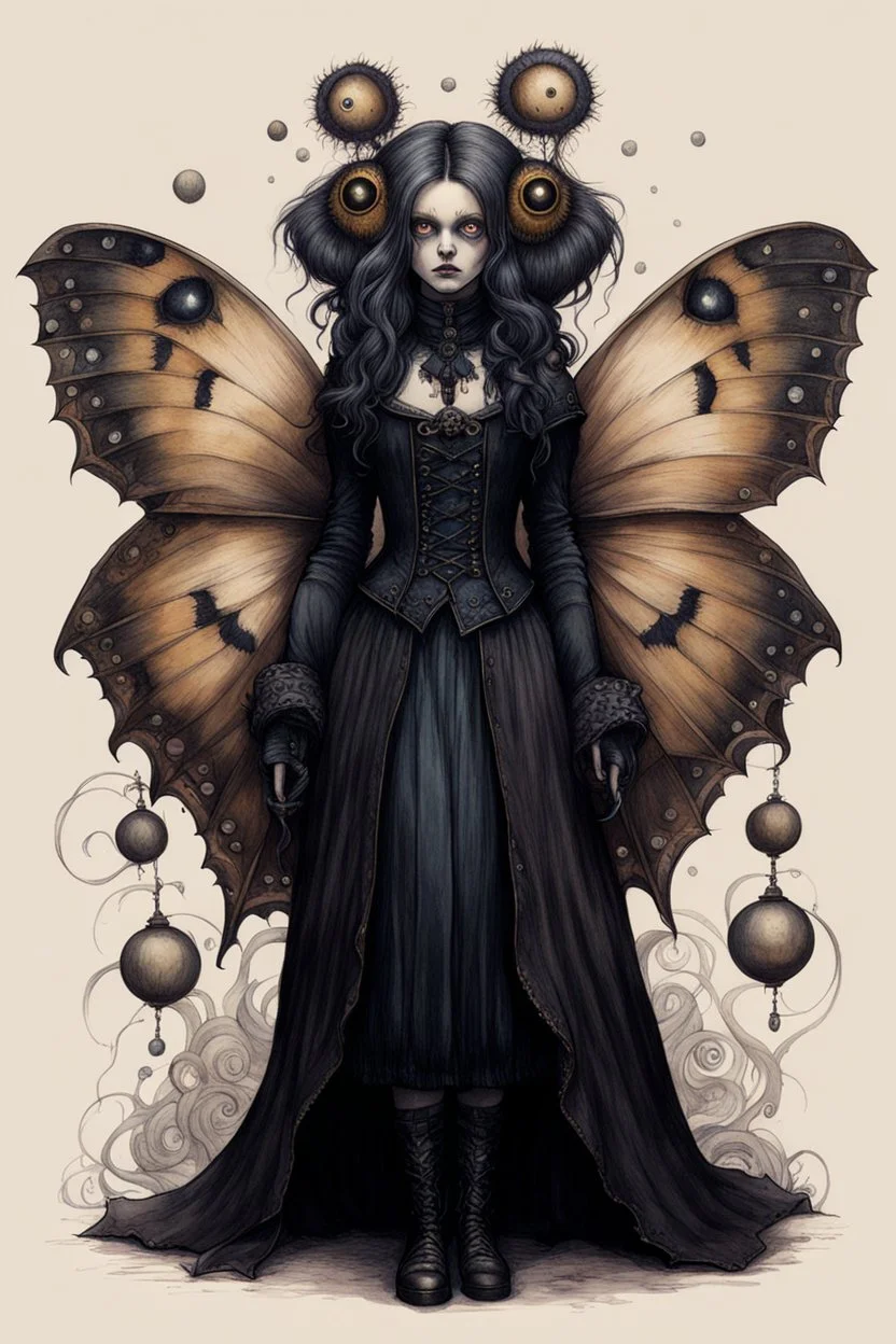 Jean-Baptiste Monge style 19th century hand drawn full body portrait dark gothic fantasy illustration of a walking hybrid Polyphemus moth goth girl, with highly detailed facial features with large multi cellular eyes, drawings, 8k, vibrant natural colors, otherworldly and fantastic