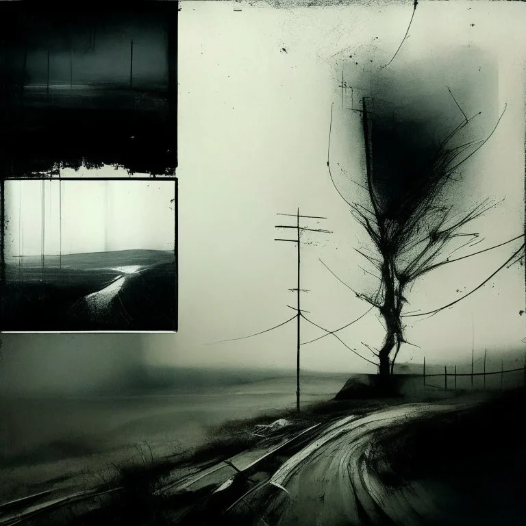 A abstract painting a by Justin Mortimer and Ashley Wood of a concrete decaying building in a Desolate mythical dark melancholy landscape with exposed wires. A lone figure wearing a adidas Parka