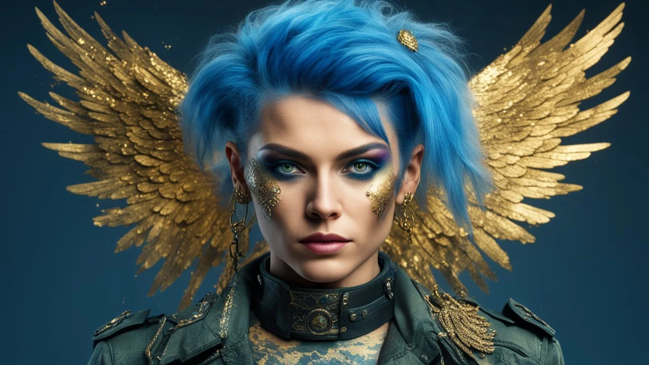 beautiful Punk woman Angel 30 years old, military clothing, mystical, bright colors, creative hairstyle, tattoo, piercing, photorealistic image, military, camouflage clothing, gold, blue, sparkles, fine rendering, high detail, 8K