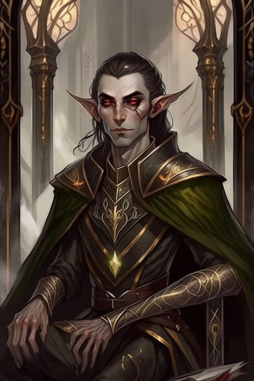 half-elf half-human, full length, mantle, black cloth, dark green eyes, sits on the throne, holding a long spear with his left hand, the right hand lies on the armrest of the throne