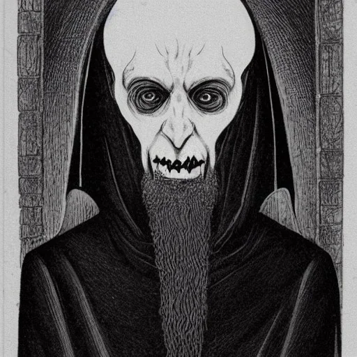 Nosferatu with white skin and a beard made of tentacles as a Russian Orthodox vampire with yellow eyes and vampire fangs