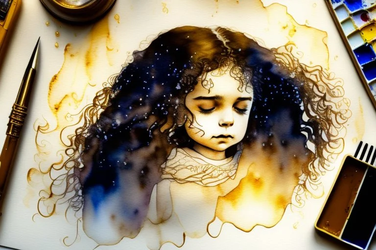 A hand holding a small girl with long curly brown hair sleeping in watercolor and ink, golden patina, glitters in ochre, backlit, mist and fog