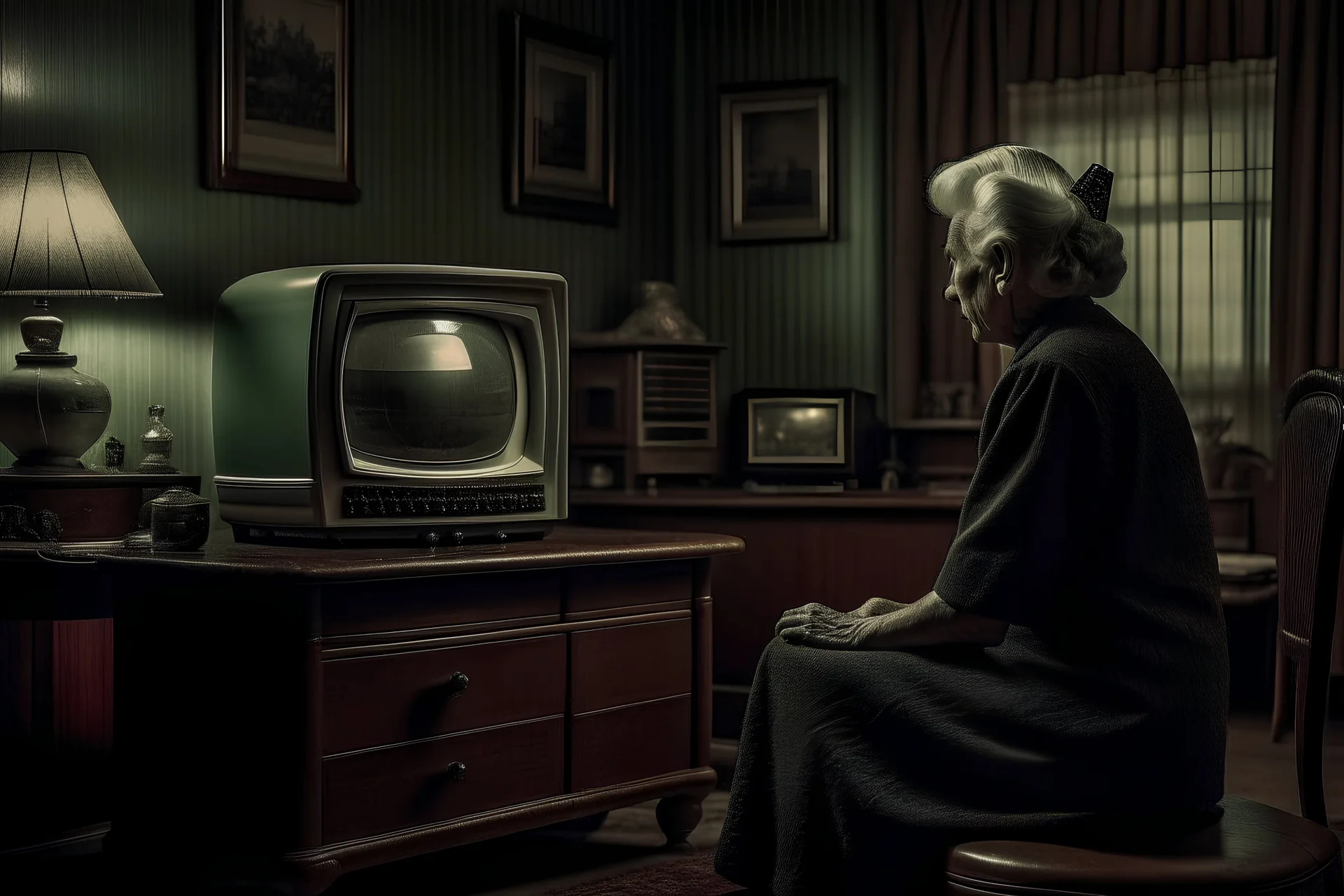 in bedroom episode #6 premise: an old widow woman realizes her music is a live performance & that the performers can see her & perceive her thoughts. series. fictitious runaway hit 1960's color tv show scifi fantasy dystopian wifi lore themed vintage scripted series photo real surrealistic