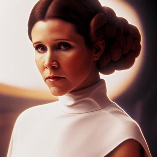 wide angle stunning photo realistic portrait of carrie fisher as Princess Leia in star wars with photo realistic fine and very simple hairstyle, brown eyes, eos5d mark 4, ef 85mm 5.6, professional majestic photo realistic painting by Ed Blinkey, Atey Ghailan, by Jeremy Mann, Greg Manchess, Antonio Moro, trending on ArtStation, Intricate, High Detail, Sharp focus, dramatic, by greg rutkowski, realism, beautiful and detailed lighting,