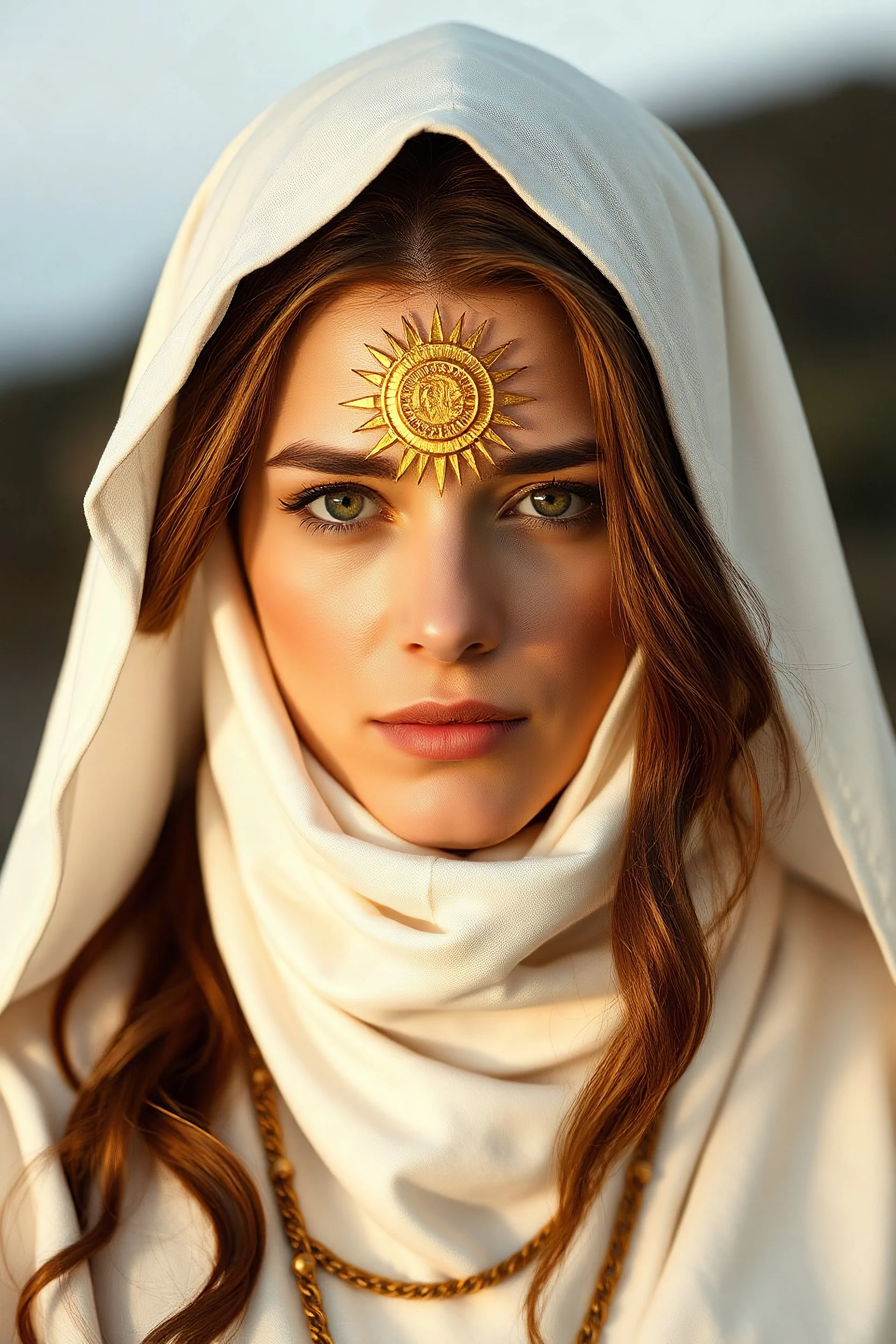 human woman brown hair priestess with sun symbol with hood real life white robe