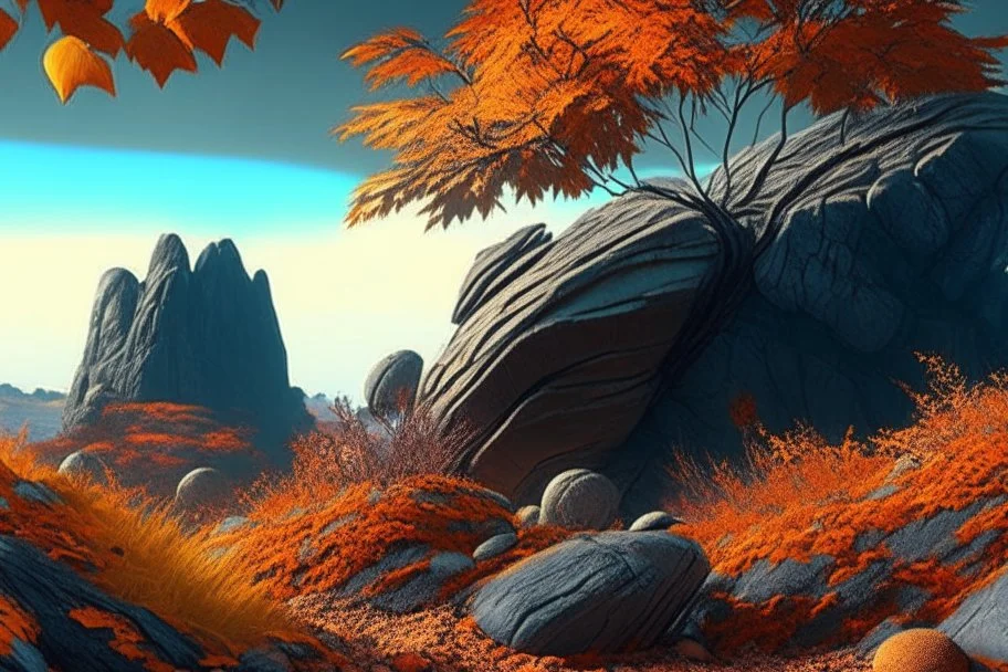 autumn vegetation, one exoplanet in the horizon, big stones, cliff, surrealistic, sci-fi.