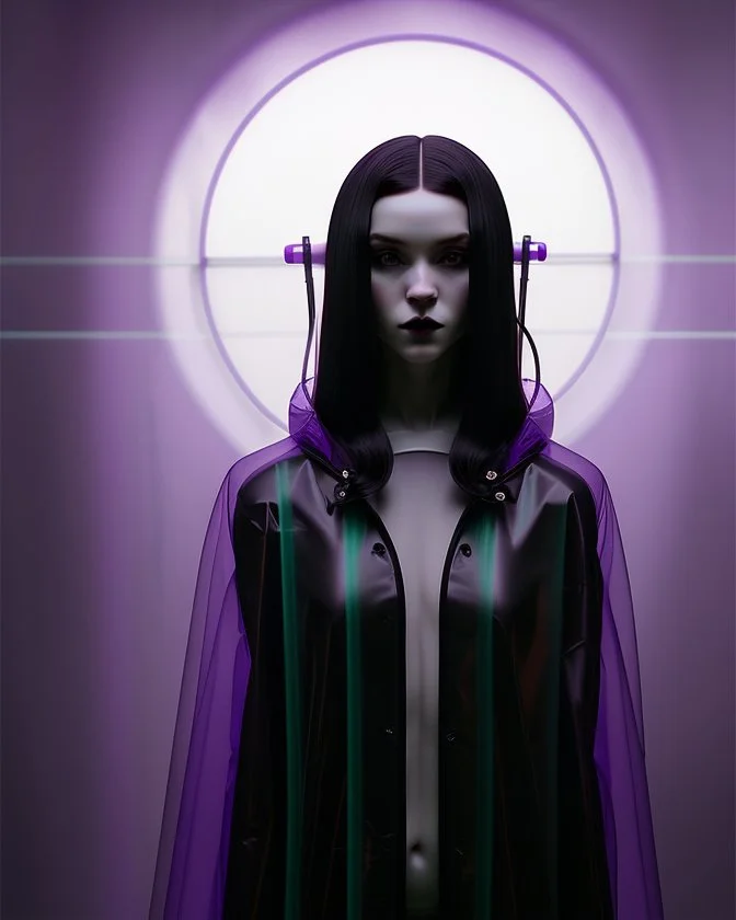 painting by koson ohara and marta bevacqua, portrait of a beautiful goth woman with long black hair, wearing a plastic raincoat, purple neon lighting, 8k, high quality, highly detailed