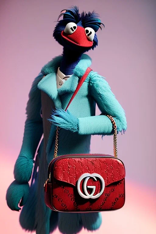 Gucci bag made by muppet face, Sesame Street style, retro style, photo studio, unreal engine 5, god lights, ray tracing, RTX, lumen lighting, ultra detail, volumetric lighting, 3d.