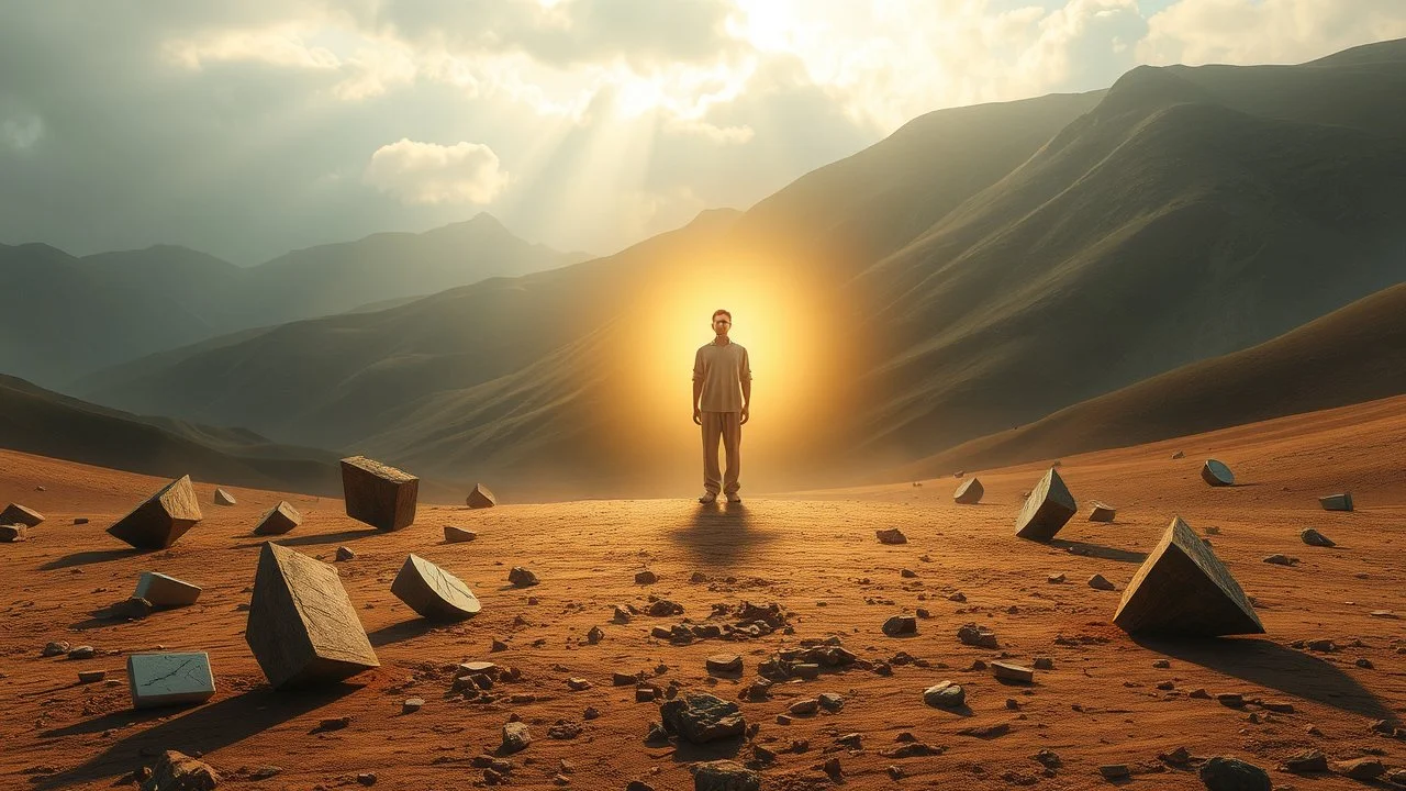"A serene landscape where broken objects are scattered around, but the central figure stands calm and glowing, radiating peace and understanding."