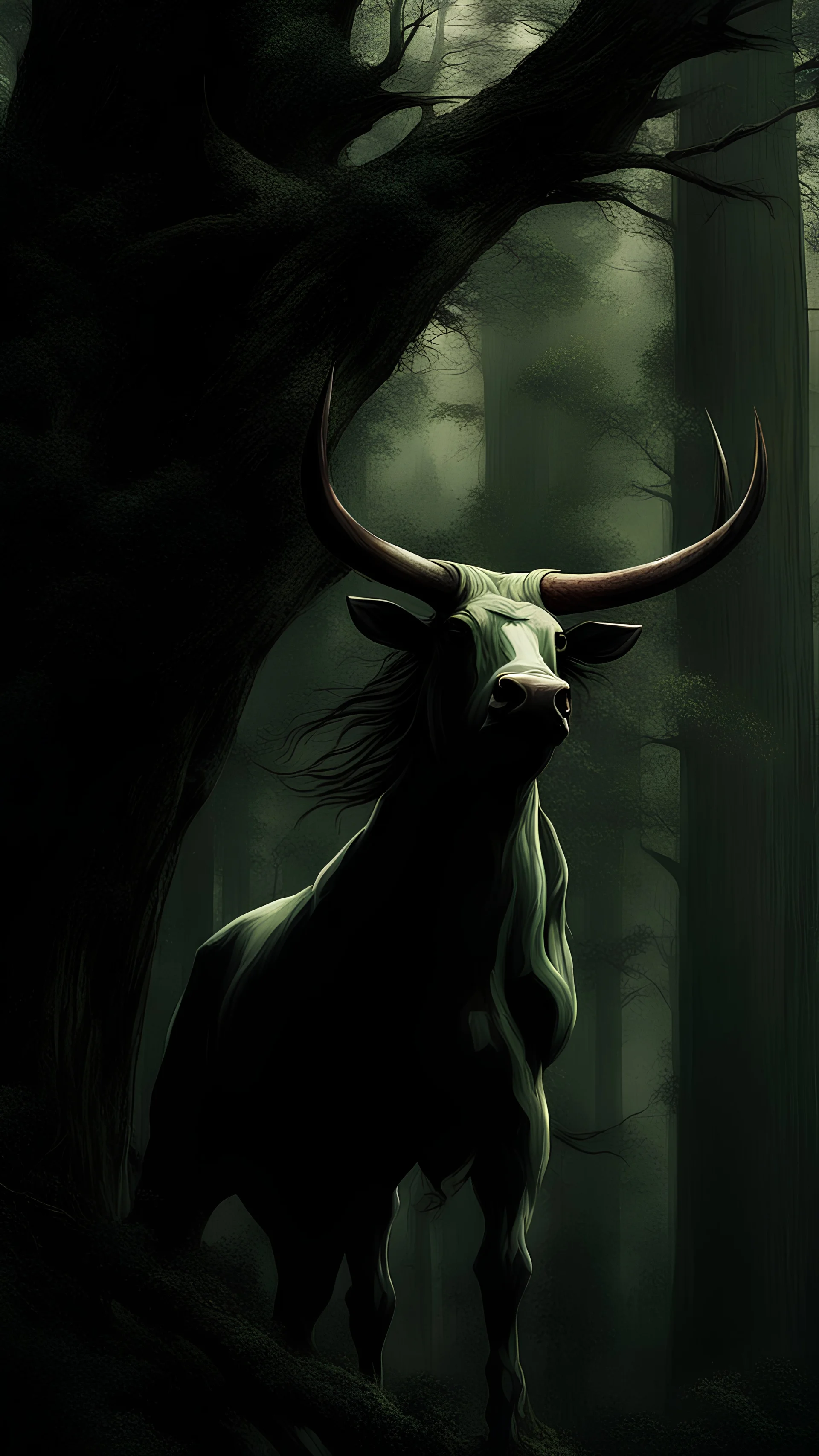 A bull or a horse with a wooden totem with spikes on it, in the middle of the forest. Opposite is a tree with a green-skinned man on it., by Ryohei Hase, Agnes Cecile, Raymond Swanland, Anne Bachelier