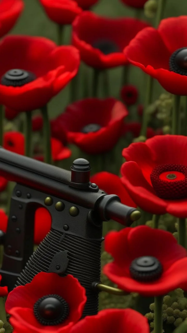 black gun with red kiss on it in a garden full of red poppies. cinematic