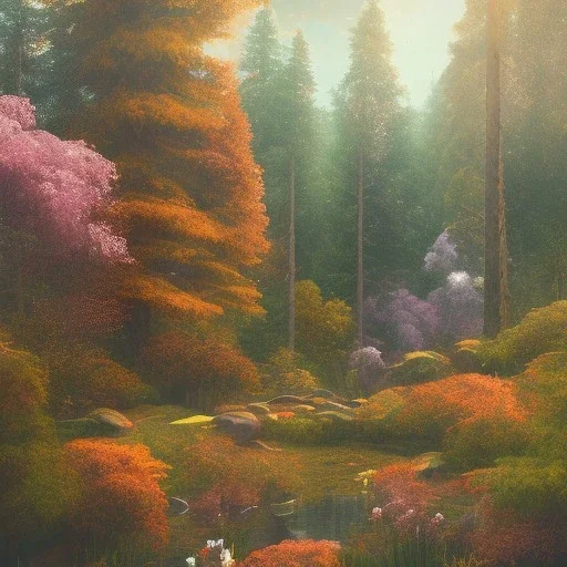  pastel colors, future art , red, orange, white,brown,son, earth, wod, trees, flowers, forest