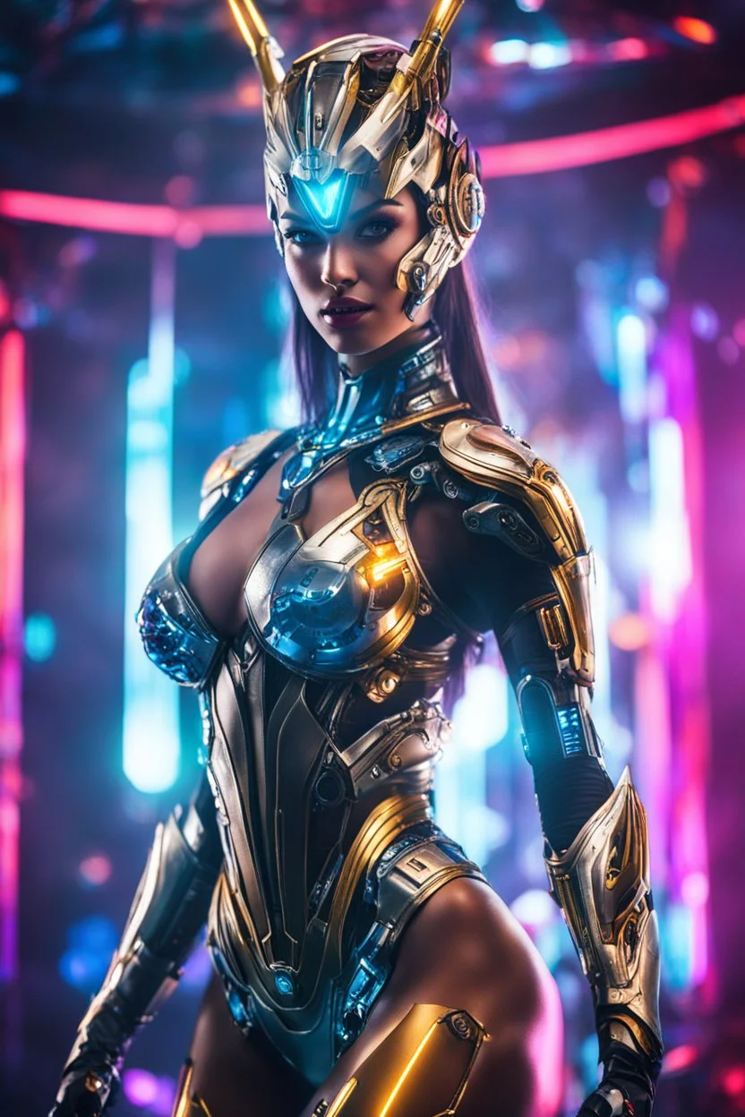 Photography High detailed humanoid super model beautiful woman as DJ with body cyborg warframe in disco club playing music,with cybernetic elements on metal dessing futuristic, neon lights reflections,intricate design and details, dramatic lighting, Cinematic lighting, Volumetric lighting, Epic composition, Photorealism, Bokeh blurry