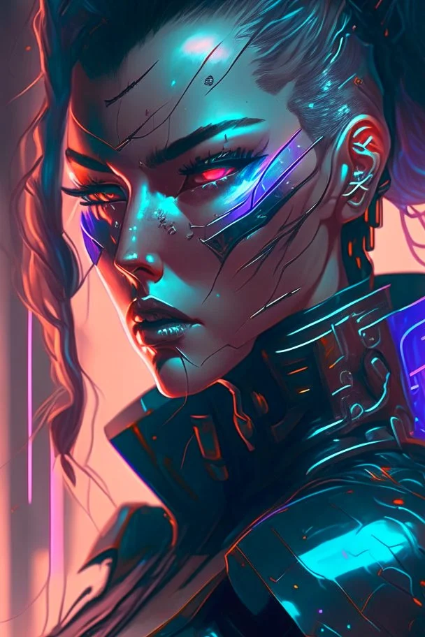 a cyberpunk woman warrior, Intense, Dark, Futuristic, Highly detailed, Digital painting, Artstation, Concept art, Dramatic Lighting, Sharp focus, Illustration, art by lois van baarle and rossdraws and artgerm and sakimichan, augmented reality, holographic interface