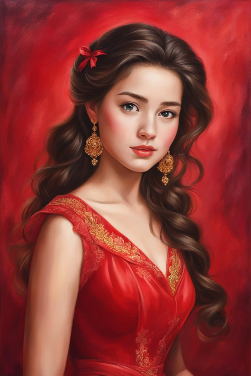 a painting of a girl in a red dress, red background photorealistic, beautiful character painting, disney art style, photorealistic disney, disney concept art :: nixri, portrait painting of a princess, disney art, disney artist, beautiful aerith gainsborough, princess portrait, art in the style of disney, painting of beautiful, disney artstyle, scarlet background