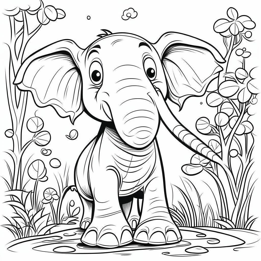 cartoon illustration, coloring book page, happy elephant, nature, black and white, clean