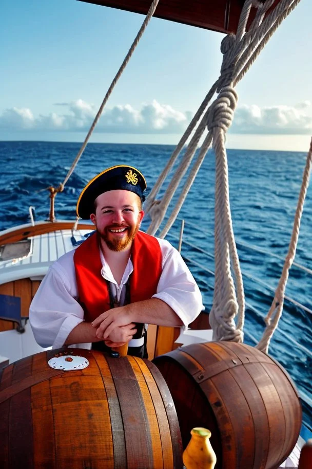 a cheerful sailor sitting on rum barrels aboard a sailing ship at sea, with the ship's steering wheel in the background