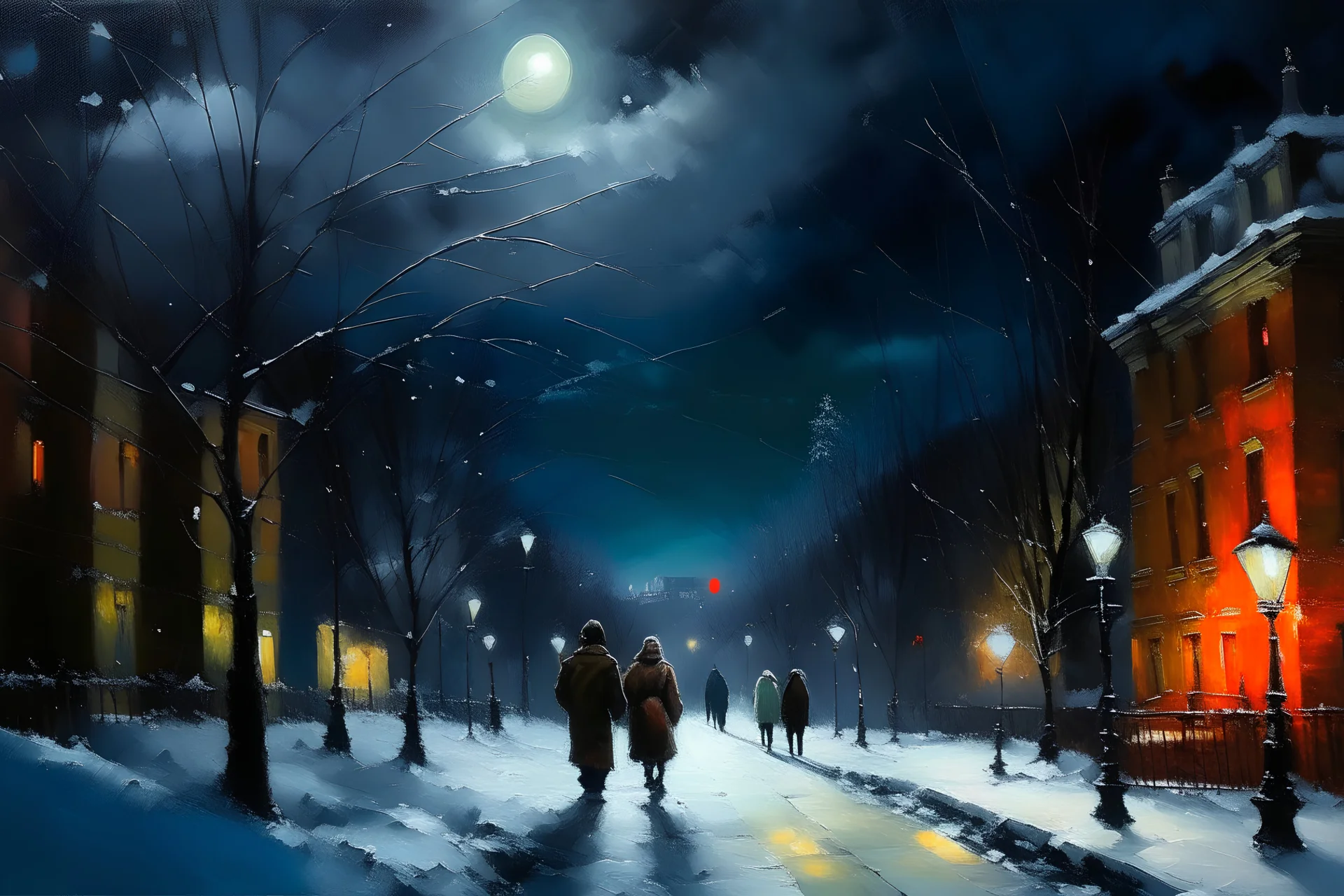 oil paint, people walking at night on a snowy street, night lights, colours, trees without leaves, moon behind clouds, extra ordinary details