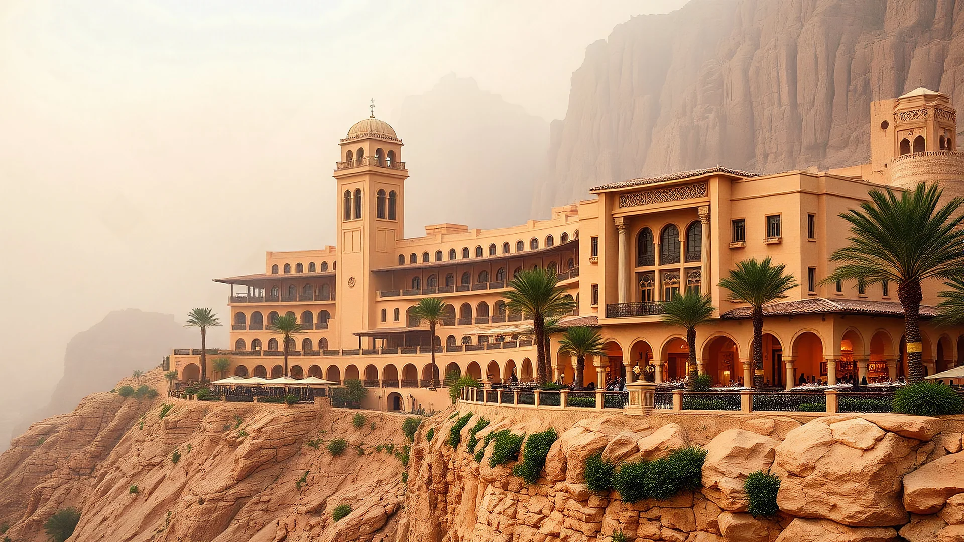 Luxury Hotel,arabic architecture,traditional wind towers,Souk Madinat Jumeirah in Dubai,on the cliff,Desert, rock mountain background ,foggy, stone mountain,moebius style