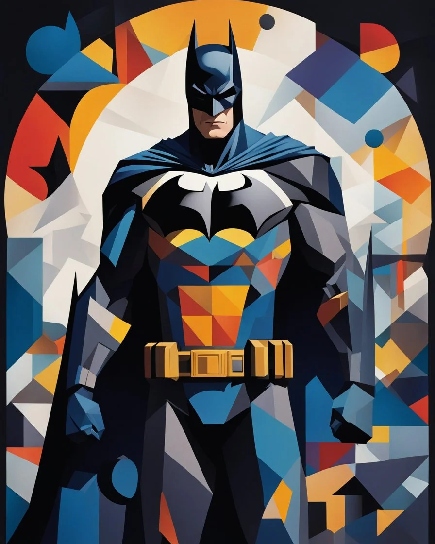 Batman's cubist masterpiece, full of vibrant colors, straight and bold lines. Batman is crafted from geometric shapes, with an interplay of light and shadow, creating fascinating depth and detail. It combines primary and secondary colors, achieving a harmonious balance between simplicity and sophistication. Inspired by painting, photography, illustration, architecture, dark fantasy and ukiyo-e