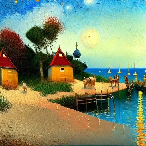 Dibujo al oleo de una playa con perros con una casa con estilo de Vincent van Gogh