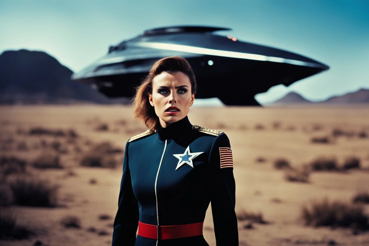 [bokeh color photo by Helmut Newton] female starfleet cadet torned jacket uniform horrified by a monster in a desolate landscape beside a starship.