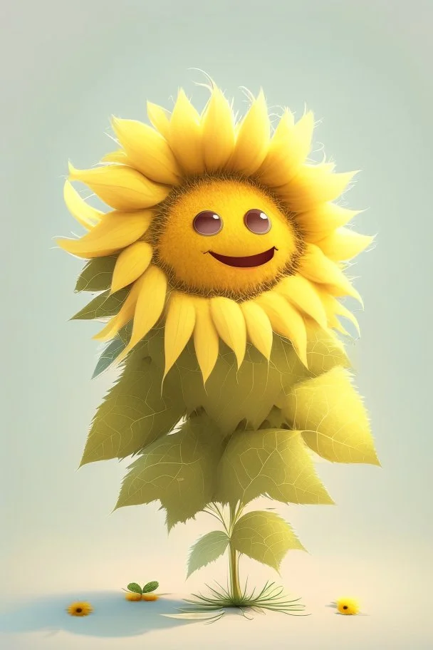 Cheery and cute sunflower with leaves avatar full body in fluffy material