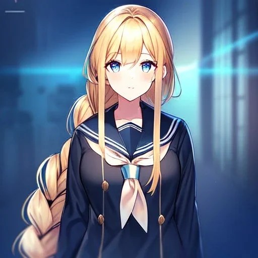 girl, masterpiece, best quality, volumetric lighting, detailed outfit, perfect eyes, long hair, golden hair, blue eyes, black stockings, school outfit, braided ponytail,