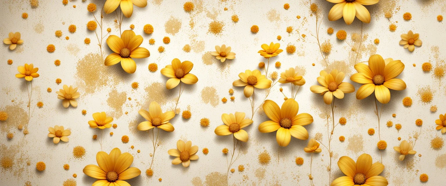 Hyper Realistic Beige-&-Yellow small-multicolor-flowers With Glowing Golden Embers On Off-White Grunge Wall Background.