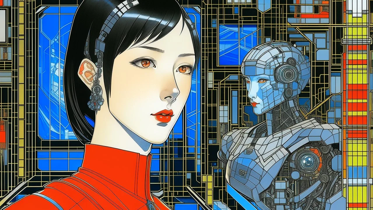 An illustration by Kuniyoshi and and Picasso of a tech-girl inside a futuristic matrix-grid.