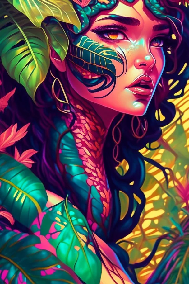 Tropic Viper Girl, Highly detailed, Vibrant colors, Sharp focus, art by mandie manzano and lois van baarle, tropical foliage in background, Fantasy, Intricate, Matte, trending on artstation.