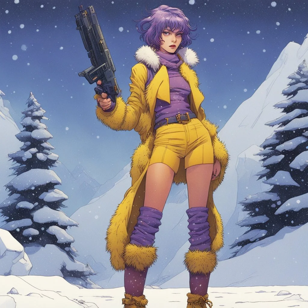 [illustration by Moebius] Faye Valentine, clad in her iconic outfit (a yellow short and a yellow crop top), stands in the snow of Callisto with furry boots. She points her trusty gun. Amidst the icy winds and swirling snowflakes, Faye's violet hair is an 80s update of the flapper Bob, reflecting the cold beauty of the alien world.