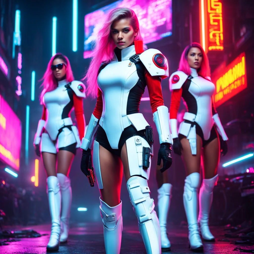 In a cyberpunk battlefield, four female redcoats in thigh-high boots and white skirts stand out among the chaos. Their cybernetic enhancements gleam in the neon lights, a fusion of tradition and technology. Defying norms with grace and ferocity, they challenge expectations and symbolize courage in a world of relentless warfare. As they rewrite the rules of combat, their legacy shines bright in the digital annals of history.