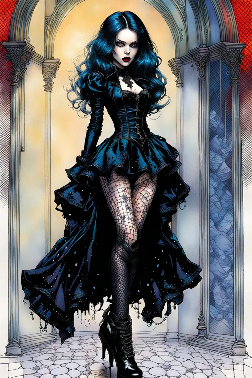 Create and fine print full body illustration of an epic fantasy Goth Girl ball jointed porcelain doll, with finely lined and detailed facial features, in a ragged gothic dress, fishnet stockings ,battered combat boots, , in the comic book style of Bill Sienkiewicz, Philippe Druillet, and Jean Giraud Moebius, precisely drawn, colored and inked