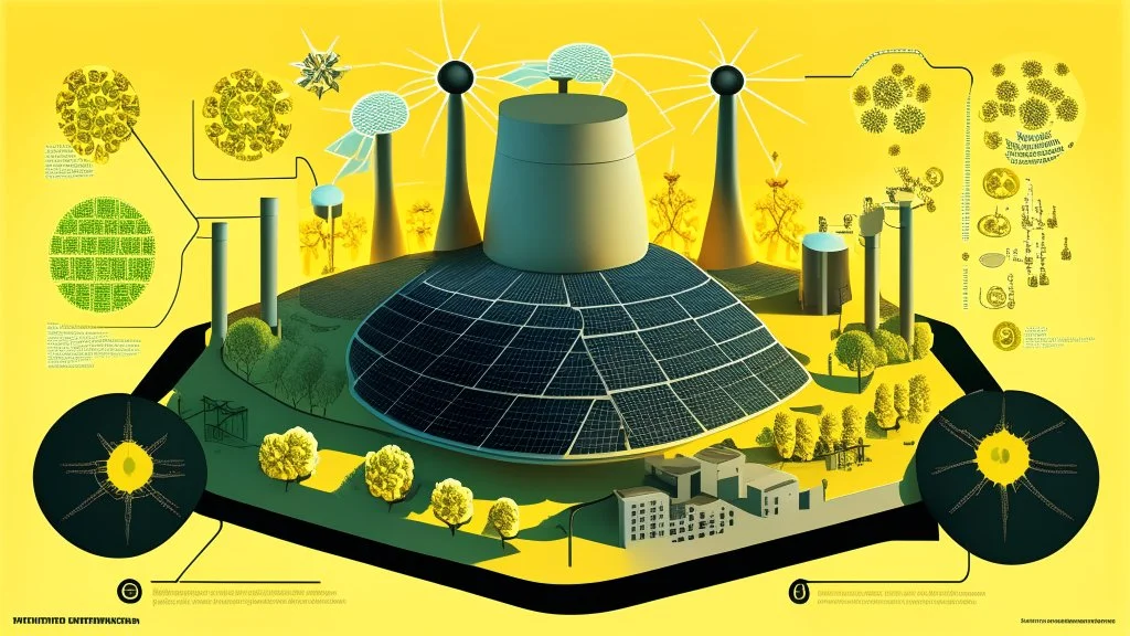 "The image illustrates the concept of nuclear energy and its environmental impact. It portrays a modern nuclear reactor alongside arrangements of solar panels, symbolizing the use of multiple sources for safe and sustainable energy generation. The image strikes a balance between technology and the environment, reflecting the complex content of the article and the influence of energy on the natural world."