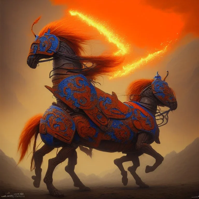 angry horse in orange and blue battle armor, a highly detailed illustration, background of Inka jungle, realistic render, 8 k, micro detail, intricate, elegant, centered, digital painting, Artstation, smooth, sharp focus, illustration, artgerm, tomasz alen kopera, peter mohrbacher, donato giancola, joseph christian leyendecker, wlop, boris vallejo