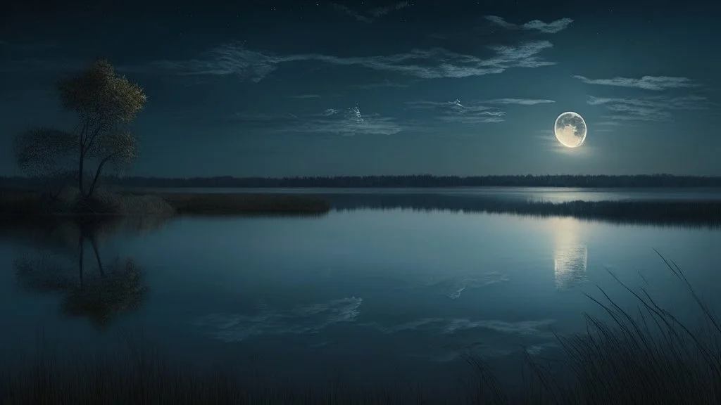 evening calm atmosphere and solitude, lake + moon, on the horizon + a lot of wind