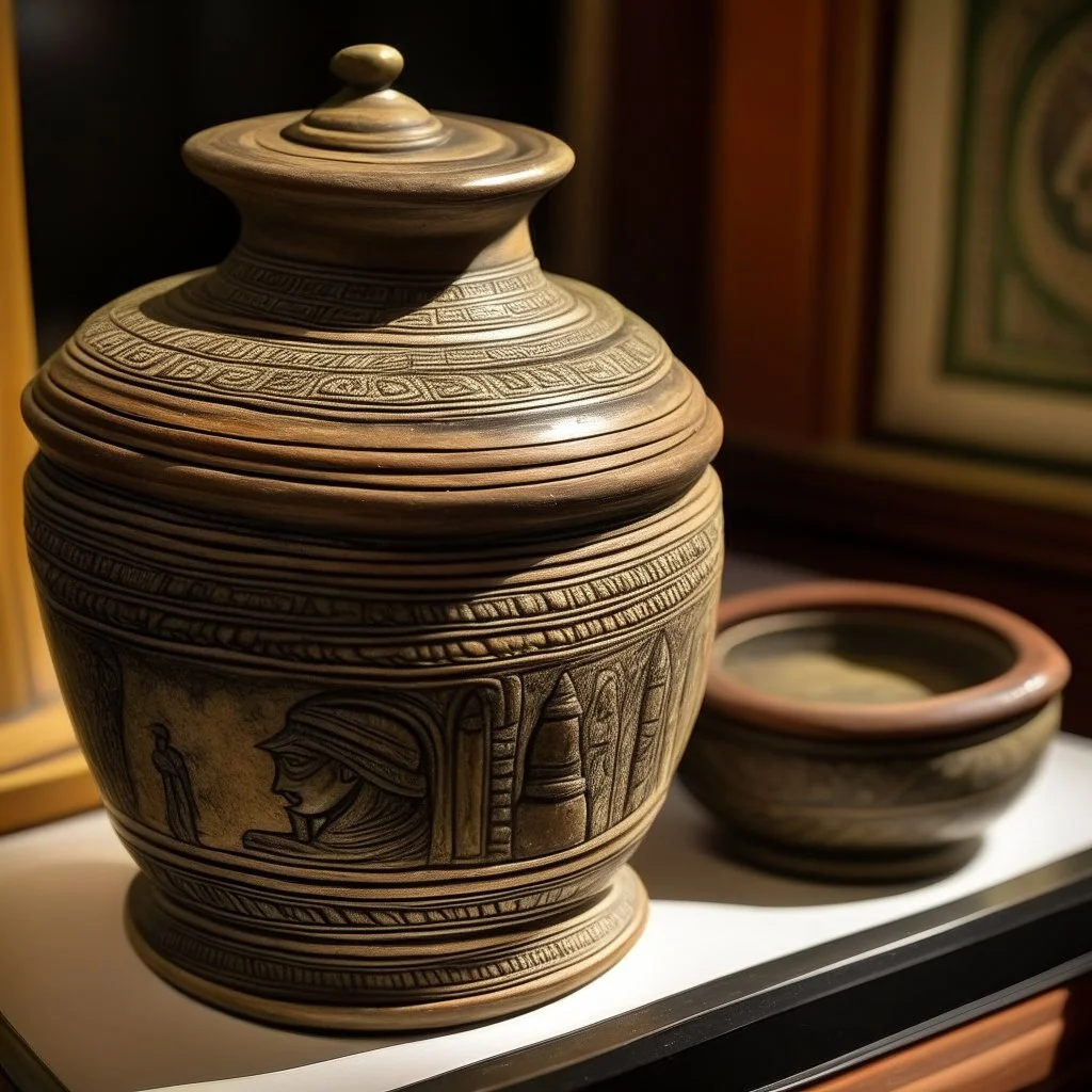 جرة منقشة بنقشات فرعونية واعلاها صحن منقش