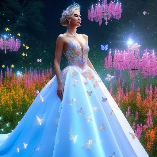 Full body Princess, woman blondie, make up,smile, beautiful place,amazing, flowers, colors, blue and pink butterfly, , realistic, photo real, stars night, detailed, high contrast, 8k high definition, unreal engine 5, extremely sharp detail, light effect, light background