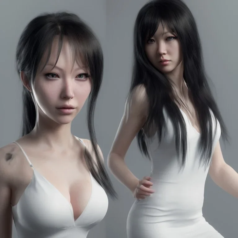 hitomi tanaka, full body, dress white, long black hair, vilage, realistic, intriacte detail, sci-fi fantasy style, volumetric lighting, particales,highly detailed,cinamatic, deep colours,8k