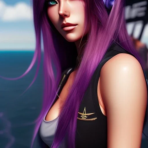 revy black lagoon, purple hair, black tank top, jean shorts, tribal sleeve left arm, portrait shinkai makoto, studio ghibli, studio key, madhouse anime studio, artgerm, lau rossdraws james jean marc simonetti pixiv