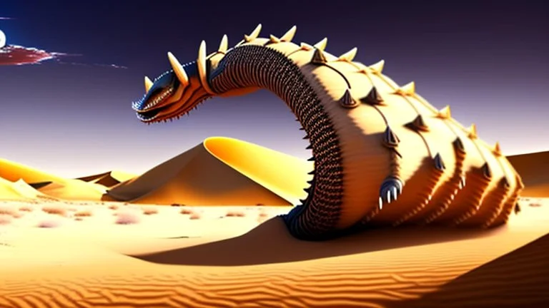 In the desert in the dunes a large sandworm full screen, concept art