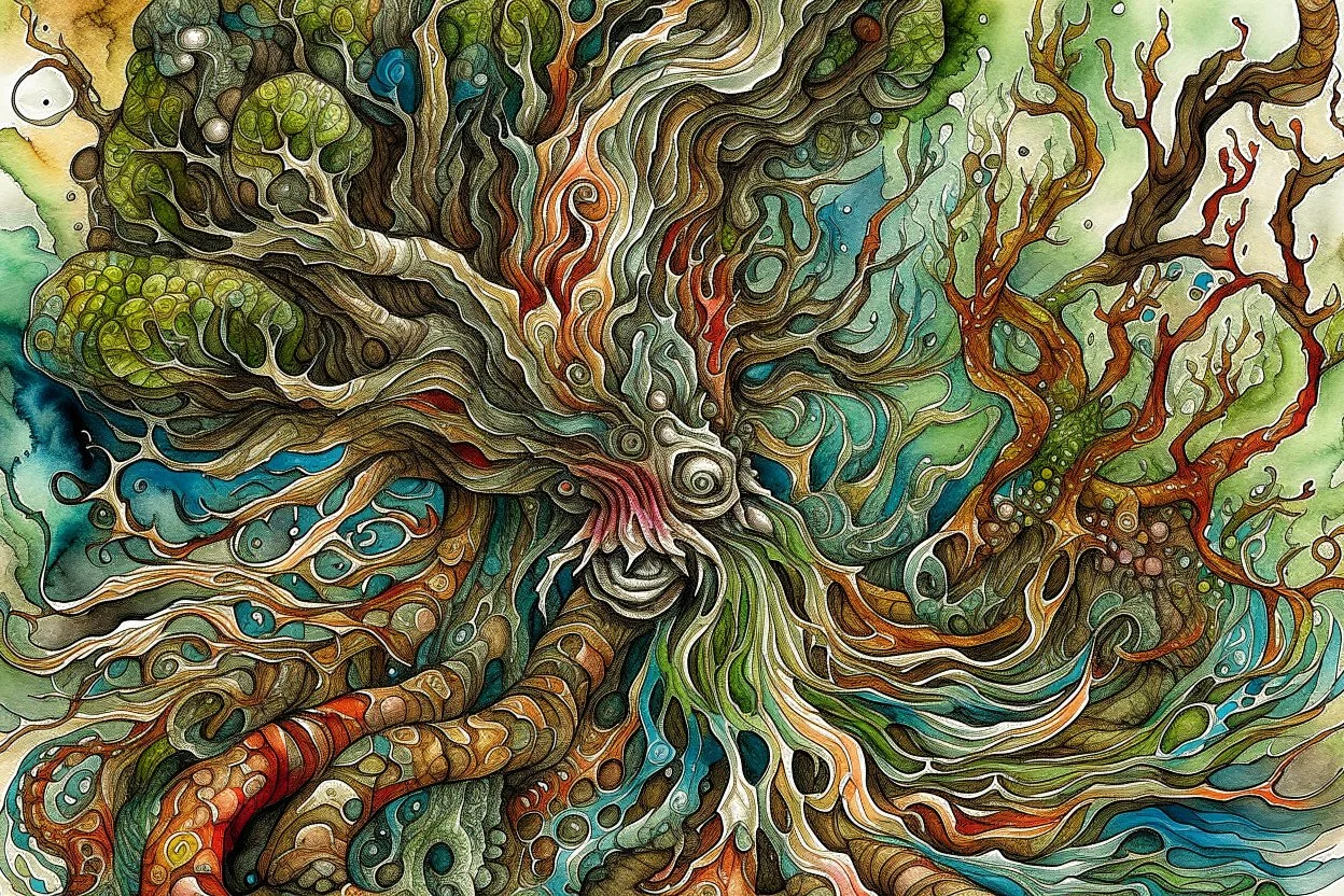 Intricate watercolor and ink rendition of a gnarled Art Nouveau Forest inspired by the art of Kiki Smith, Glenn Murcutt, Charles Rennie Mackintosh, Jamie Heiden, Henry Moret, Scott Naismith, Pierre Bonnard, Charles Maurice Detmold, William Timlin, Paolo Roversi, Malcolm Teasdale, mixed media elements, 3D modeling, award-winning composition, ultra detailed, high definition quality, breathtaking surreal masterpiece