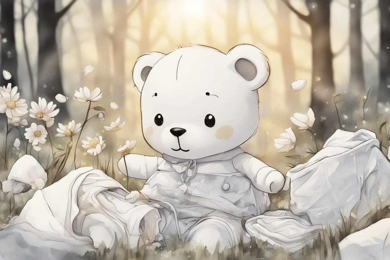 close-up of a cute chibi teddy bear packing piles of white clothes in the forest, laundry machine, grass and flowers next to him, melting watercolour and black ink outlines on wet paper, photorealistic, golden glitters S<AI in sunshine, ethereal, cinematic postprocessing