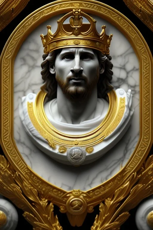 Ultra Realistic image, classical renaissance sculpture, white marble material, Lionel Messi, emperor style, gold Laurel leaves crown, chisel style, waist up portrait, epic, celestial, cinematic lighting, God light, god rays, 4k resolution, smooth details, ornate details, soft lighting, unreal engine 5, marble background.