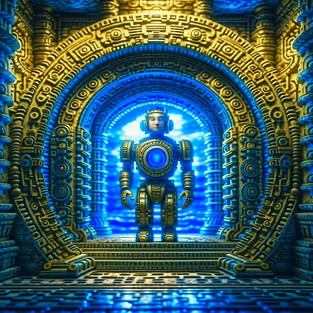 portrait of ancient godlike chat robot in the style of escher, in front of teleporter portal to the sea in an underground grove, 8k, down-light, soft light, depth of field, photo realism, trending on art station, high detail