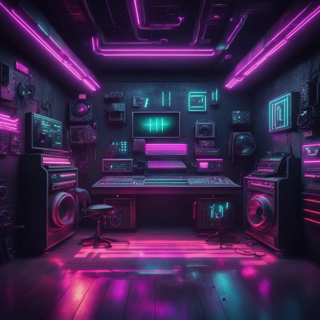 Hyper Realistic Rustic Hip-Hop Music Studio with dark futuristic & Neon-Glitched background