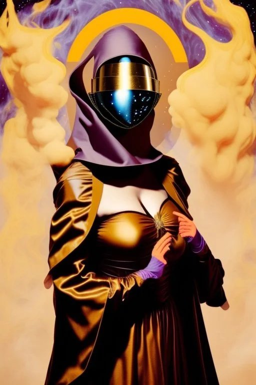 Planet Venus portrayed as a masked woman wearing medieval robes, her mask is smooth and beautiful, her sihlouette is engulfed in sulfuric vapor and translucid fire